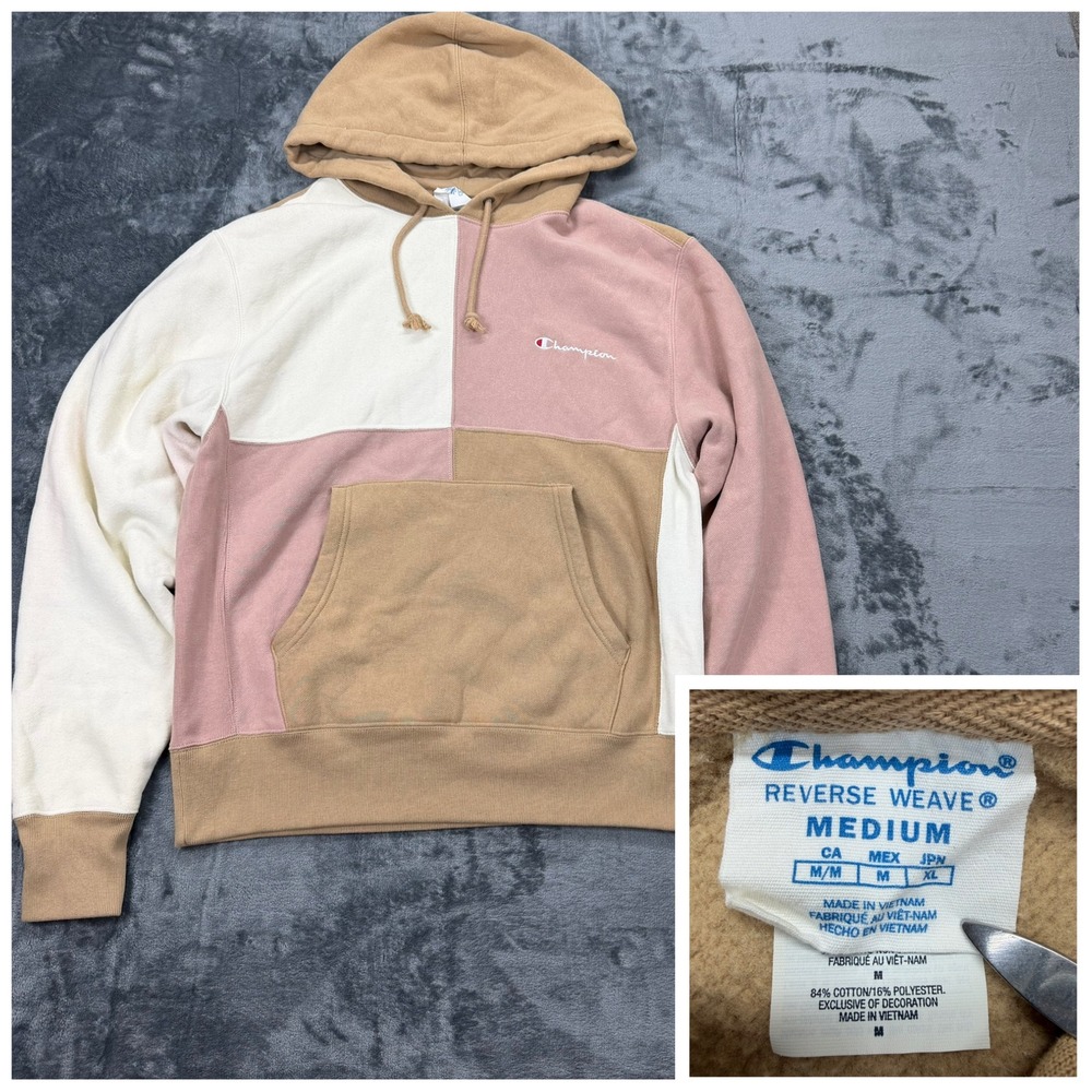 Champion Reverse Weave Colorblock Hoodie Tan Pink Cream Medium Patchwork